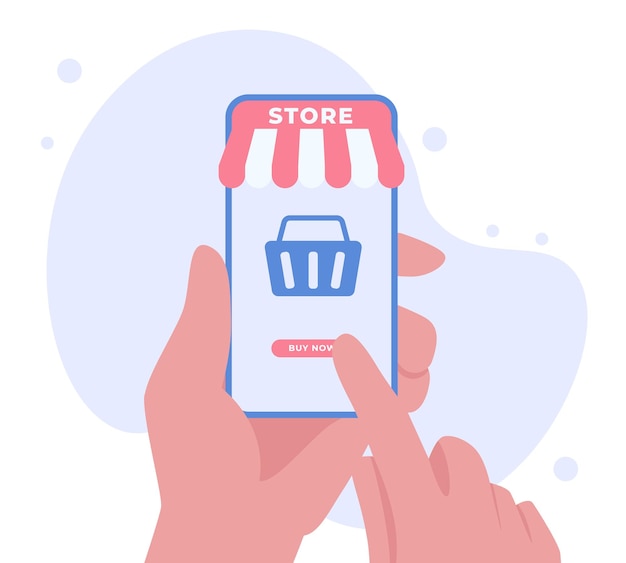 Online winkel met mobiel concept Hand met smartphone met online winkel Zakelijk online winkelen en zakelijke e-commerce