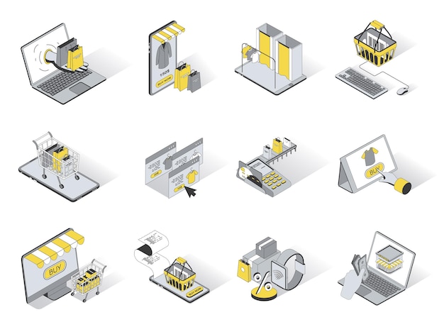 Online winkelen 3d isometrische iconen set Pack elementen van aankopen in zakken kiezen van goederen toevoegen