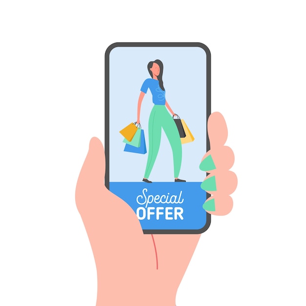 Online winkelen banner, concept verkoop mobiele app sjabloon met vrouw karakter, speciale aanbieding poster, Black Friday-concept plat ontwerp