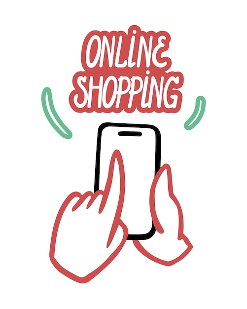 Online winkelen. de hand houdt de telefoon vast en drukt op het scherm. banner ai poster in vector doodle