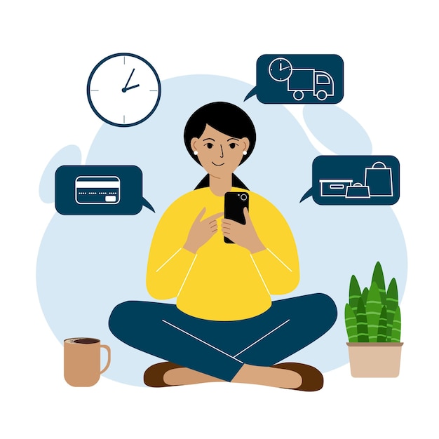 Online winkelen. De vrouw zit met een mobiele telefoon. De koper bestelt het product online. Betaling, levering, ontvangst. Platte vectorillustratie.