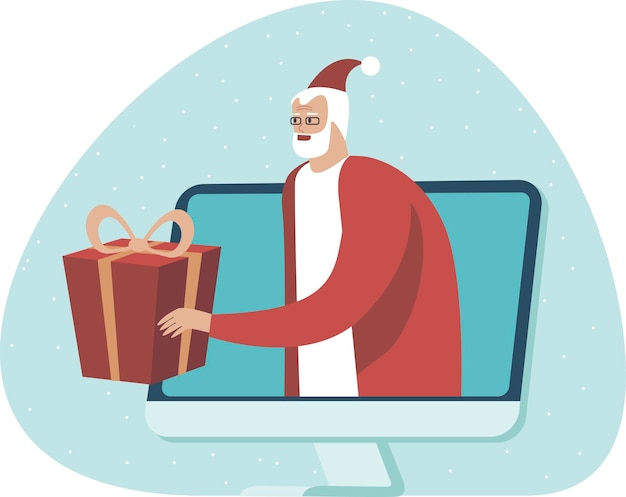 Online winkelen en snelle levering op kerstvakantieconcept Directe verzending Santa Clausr geeft geschenkdoos van computermonitordisplay