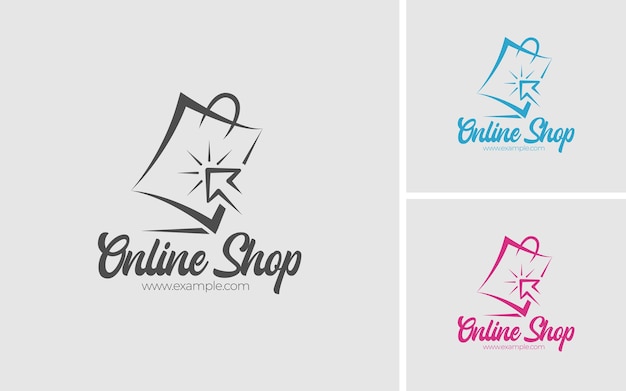 Online winkelen Logo ontwerpsjabloon. Eenvoudige en minimale stijl. Muiscursor Met Zakconcepten.