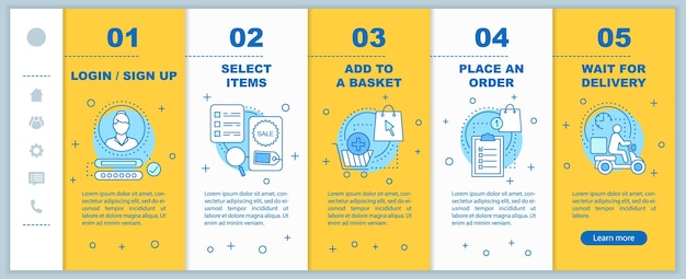 Online winkelen onboarding mobiele app pagina scherm vector sjabloon Selecteer items toevoegen aan winkelmandje plaats bestelling walkthrough website stappen met lineaire illustraties UX GUI smartphone interface concept