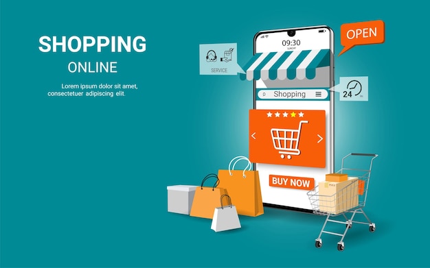 Online winkelen op mobiele applicatie digitale marketing en moderne marketing front online winkel concept voor websitebanner en webpagina 3d-perspectief vectorillustratie