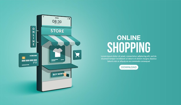 Online winkelen op website en mobiele applicatie via smartphone digitale marketingwinkel en winkel