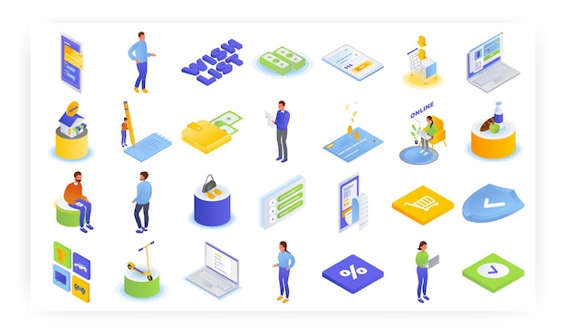 Online winkelen vector isometrische pictogrammenset mensen die boodschappen kleding kopen, favoriete dingen toevoegen aan verlanglijst