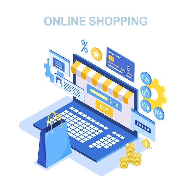 Online winkelen, verkoopconcept. Koop in de winkel via internet. Isometrische laptop met tas, geld, creditcard, klantrecensie.