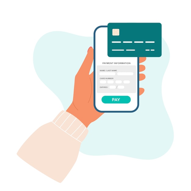 Online winkelen via credit- of debetkaart Vrouwelijke hand houdt een smartphone vast met kaartinformatie betaling VectorxA