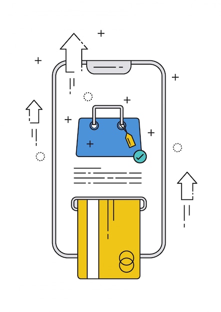 Vector online winkelen via mobiel met creditcardlijn