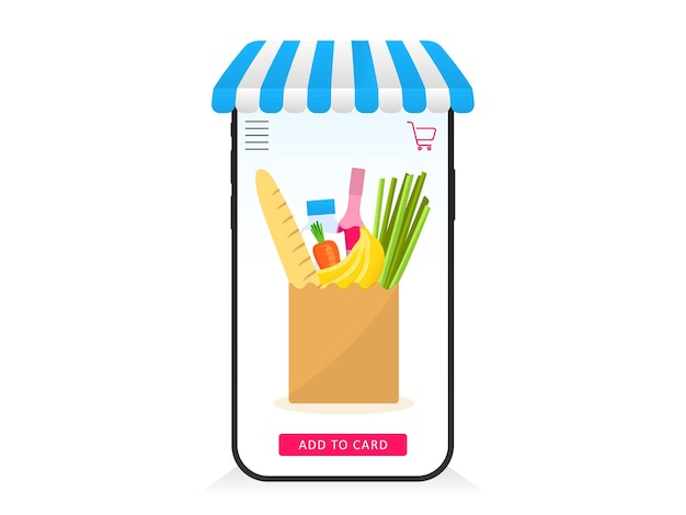 Online winkelproducten in webtoepassingssjabloon. smartphone met luifel en pakket geselecteerd voedsel op het scherm. supermarkt webbestelling met snelle vectorbezorging
