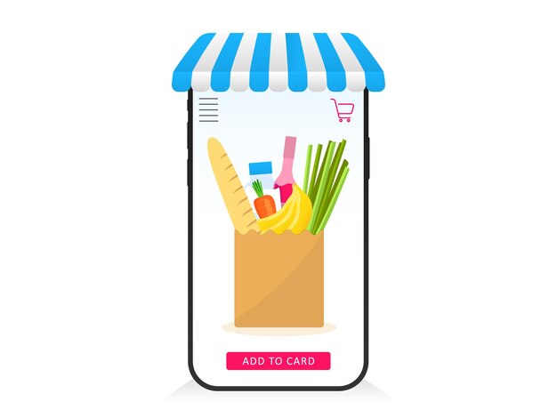 Online winkelproducten in webtoepassingssjabloon. smartphone met luifel en pakket geselecteerd voedsel op het scherm. supermarkt webbestelling met snelle vectorbezorging