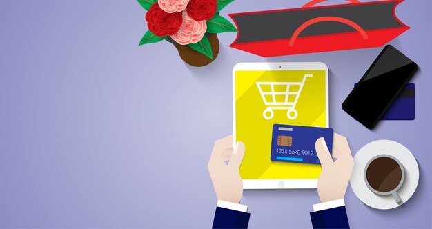 Vector online winkelverkoop met tablet per creditcard