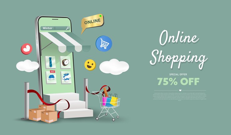 Online winkelwinkel op website en mobiele telefoon. Slimme bedrijfsmarketingconcept.