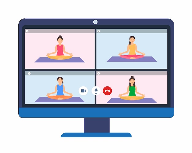 Online workout yoga classes on laptop stay home keep fit and positive banner social media post