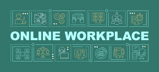 Online workplace word concepts dark green banner Virtual office advantages Infographics with icons on color background Isolated typography Vector illustration with text ArialBlack font used