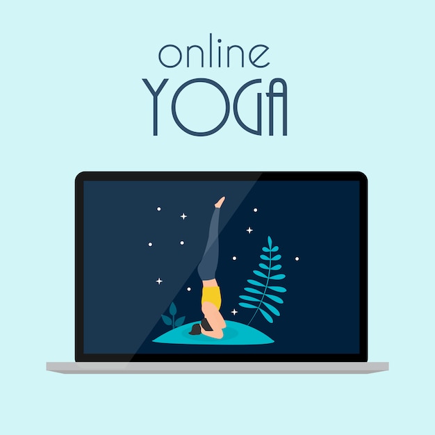 Concetto di yoga online con il computer portatile. illustrazione