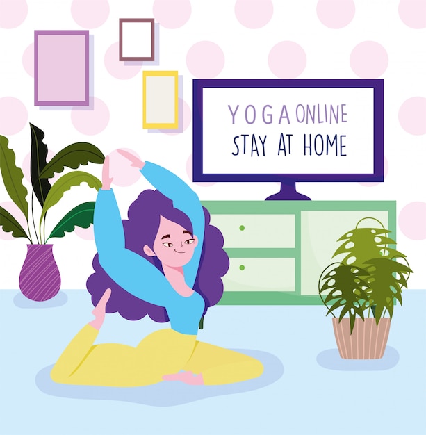 Yoga online, ragazza che allunga nel personaggio di pratica dello yoga piano, computer