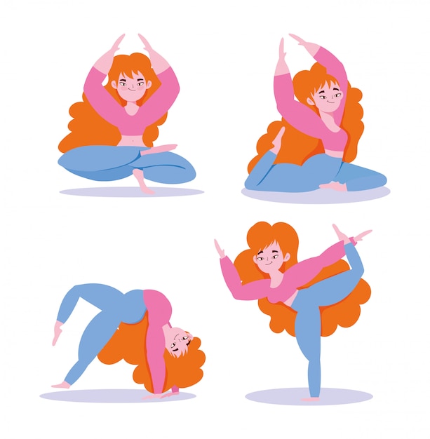 Yoga online, yoga online, ragazza che fa esercizi di yoga in diverse pose dei cartoni animati