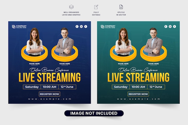 Online zakelijke seminars en sjabloonvector voor conferentie-uitnodigingen met tijdelijke aanduidingen voor foto's Moderne webinar en zakelijke promotie webbannerontwerp Kantoorconferentie sociale media postvector