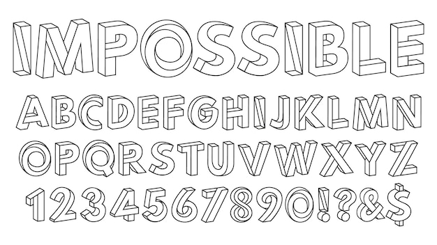 onmogelijke vormen lettertype paradox alfabet letters en cijfers geometrische abc cijfers vector set