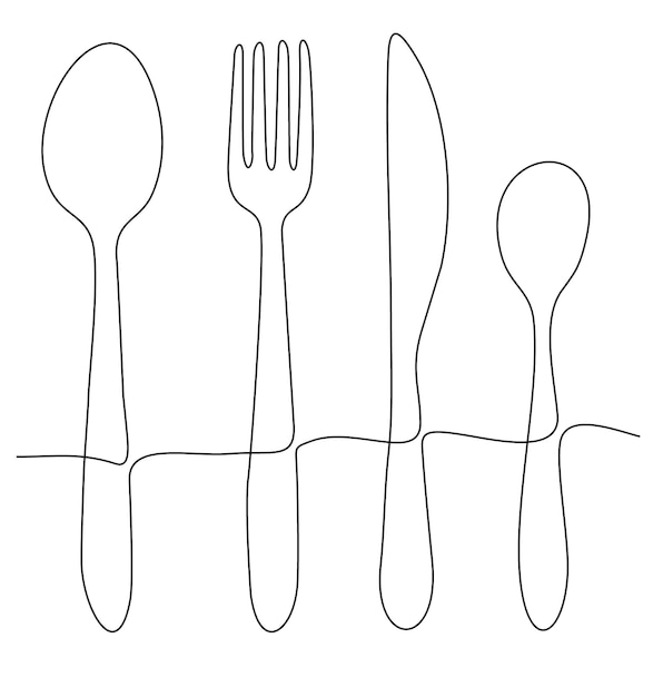 ononderbroken lijn lepel, vork, mes keuken logo symbool