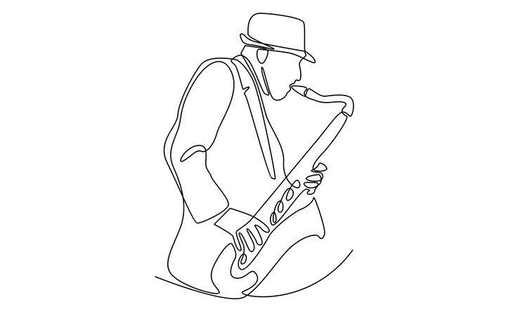 ononderbroken lijn van mannelijke saxofonist met hoed die optreedt om saxofoon te spelen