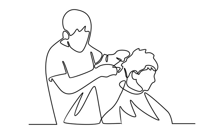 Ononderbroken lijn van professionele kapper die kapsel maakt aan een klant in kapperszaakillustratie
