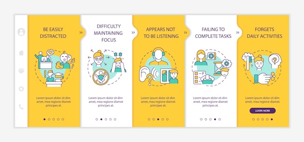 Onoplettendheid symptomen onboarding vector sjabloon. responsieve mobiele website met pictogrammen. webpagina walkthrough 5 stappen schermen. gemakkelijk afgeleid kleurenconcept met lineaire illustraties