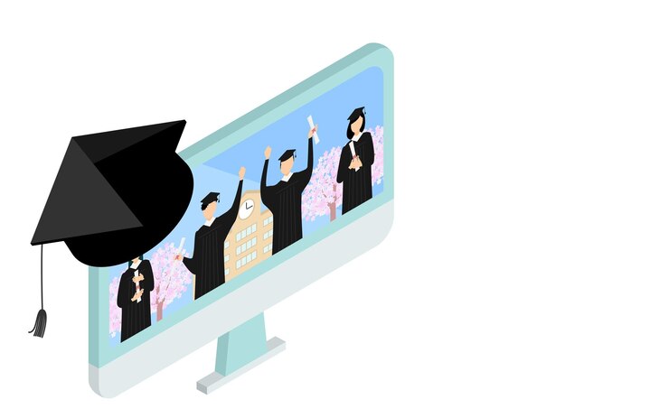 Vector オンライン卒業式のイメージモニターに映る卒業生たちアイソメトリック