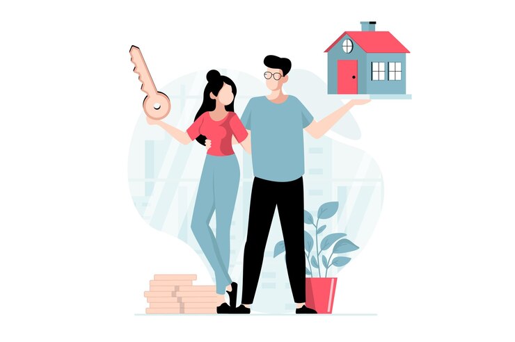 Onroerend goed concept met mensen scène in plat ontwerp Man en vrouw met sleutels tot nieuw huis investeren geld in woning gelukkige familie verplaatsen Vectorillustratie met karakter situatie voor web