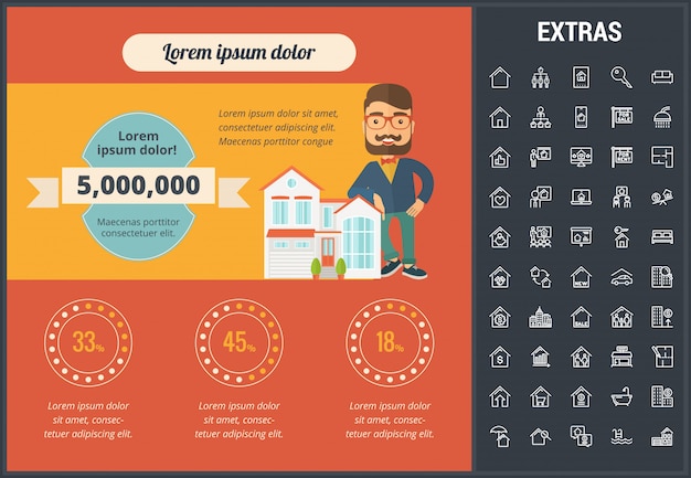 Onroerend goed infographic sjabloon, elementen, pictogrammen