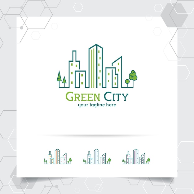 Onroerend goed logo ontwerp met concept van groene stad gebouw illustratie