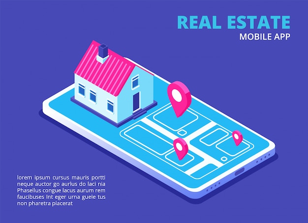 Onroerend goed mobiele app. Isometrische huis op mobiel scherm. Zoek huis technologie voor telefoontoepassing. Vector concept