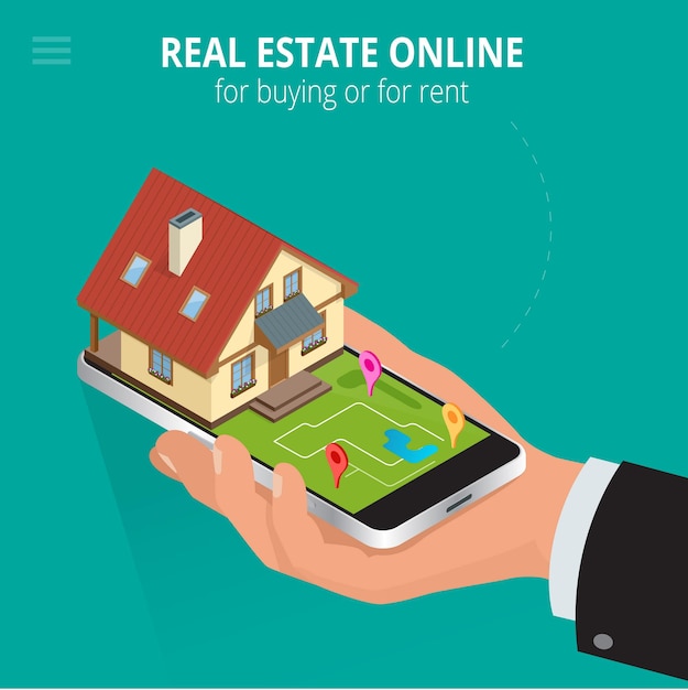 Onroerend goed Online te koop of te huur. Man aan het werk met smartphone is op zoek naar een huis om te kopen of te huren, met behulp van online zoekservice. Platte 3d isometrische vectorillustratie