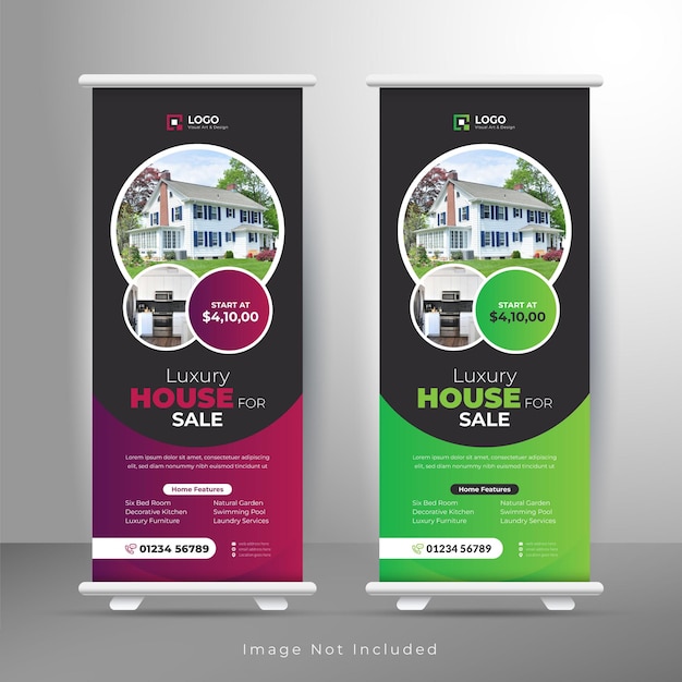 Onroerend goed roll up banner ontwerp of huis te koop pull up banner sjabloon