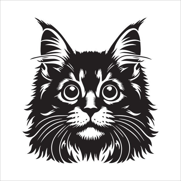 Onschuldig Maine Coon Cat gezicht Clipart in zwart-wit