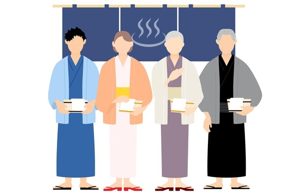 Onsen trip familie in yukata met houten emmer