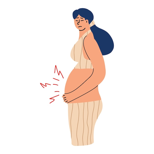 Vettore l'inizio delle contrazioni in una donna incinta. il rischio di aborto spontaneo in tarda gravidanza. illustrazione disegnata a mano di vettore