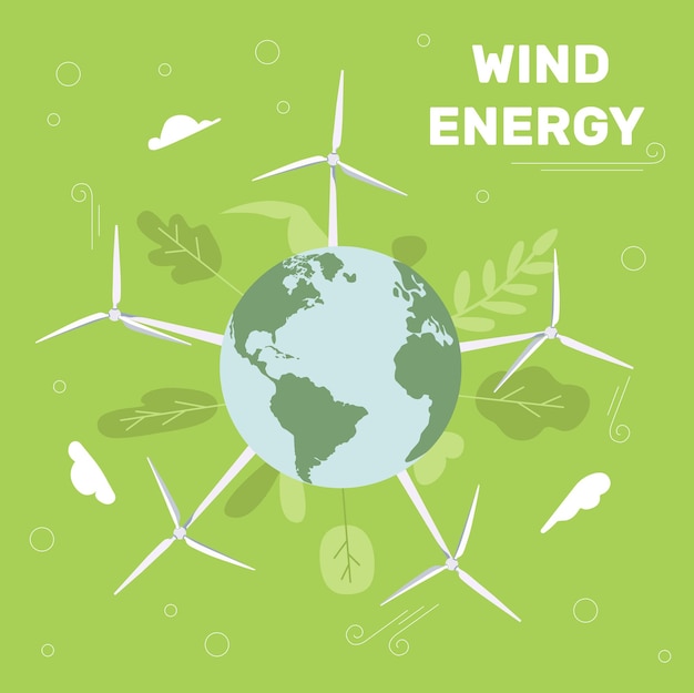 Onshore wind farms. Green energy wind turbines on earth. Wind turbines. Vector illustration.