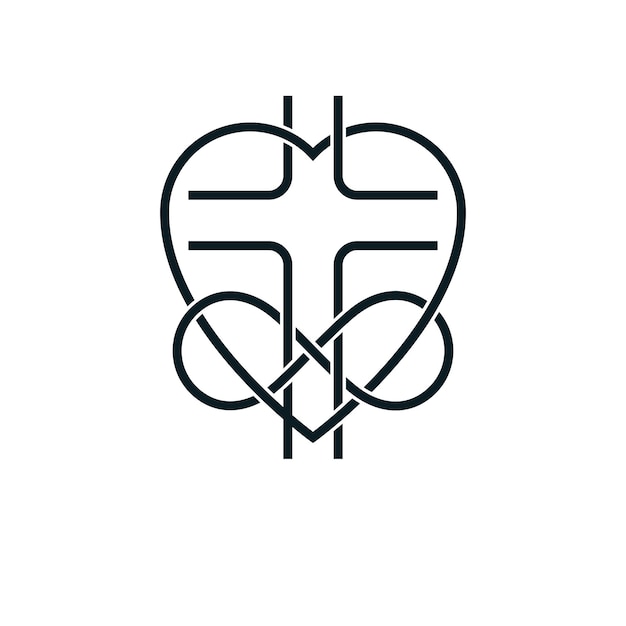 Onsterfelijke liefde van God conceptueel symbool gecombineerd met oneindigheidslusteken en christelijk kruis met hart, vector creatief logo.