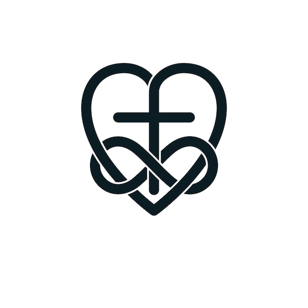 Vector onsterfelijke liefde van god conceptueel symbool gecombineerd met oneindigheidslusteken en christelijk kruis met hart, vector creatief logo.