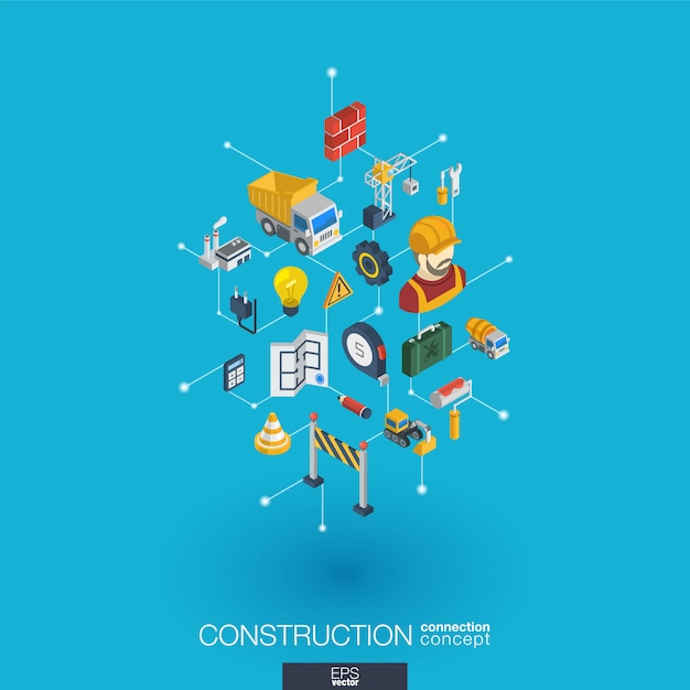 Ð¡onstruction integrated  web icons. digital network isometric interact concept. connected graphic  dot and line system. abstract background for engineer, architecture, build.  infograph