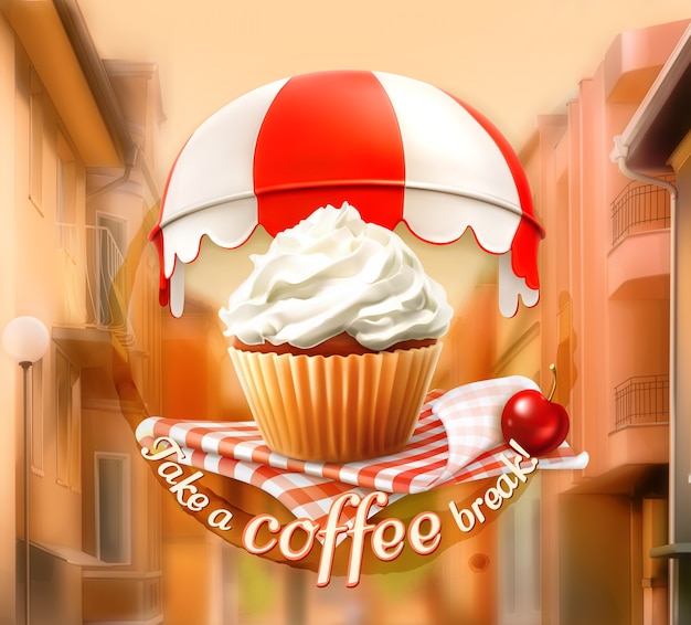 Ontbijt concept achtergrond met cupcake en kersen