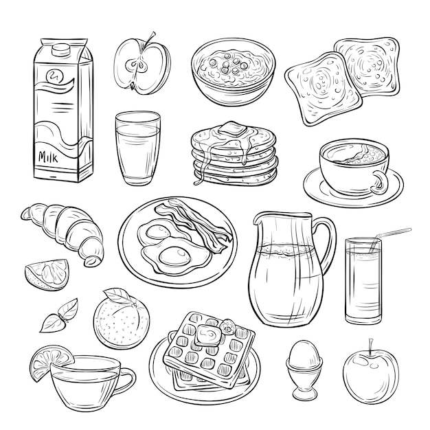 Ontbijt doodle. sandwich brood toast ei boter, koffie in de ochtend en kaas schets gezond voedsel vintage vector set