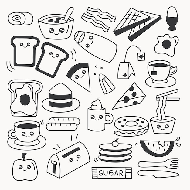 Ontbijt eten doodle set vectorillustratie