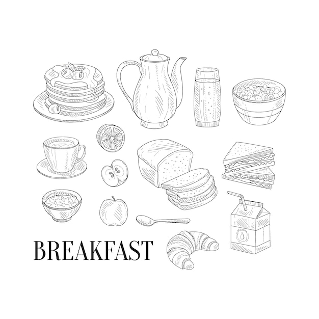 Ontbijt gerelateerde isoated etenswaren Hand getekende realistische schets