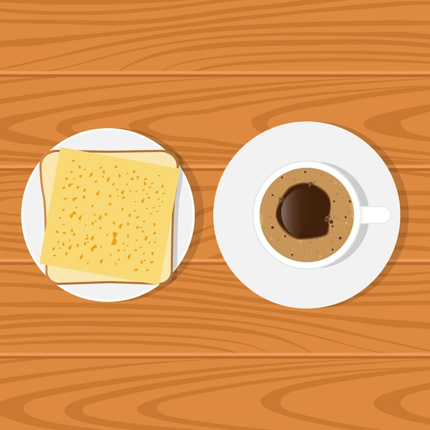 Ontbijt koffie toast met kaas op schotel Vector illustratie