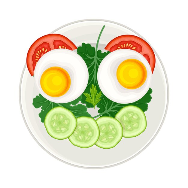 Ontbijt met gesneden groenten en gekookt ei in de vorm van een glimlach hierboven