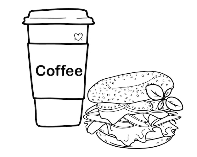 Ontbijt met koffie en bagels. Lineaire stijl. Hand getekend. tekening